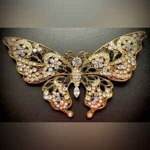 Large Butterfly Brooch in Gold Tone with Clear Rhinestones